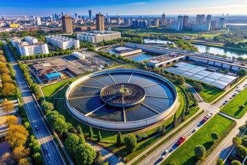 Overhead view of a large circular water treatment tank surrounded by city buildings and roads, with a calm blue sky in the background.