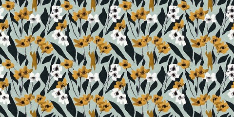 Modern printed fabric flower block print pattern with linen texture effect. Stylized boho dark floral for chic fashion background motif border design.