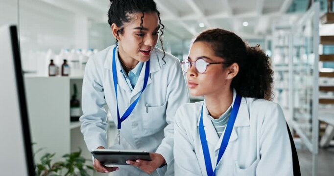 Women, scientist and happy on computer at lab for science research and investigation. Employees, teamwork and collaboration with smile for drug trial, medicine and healthcare discovery for project