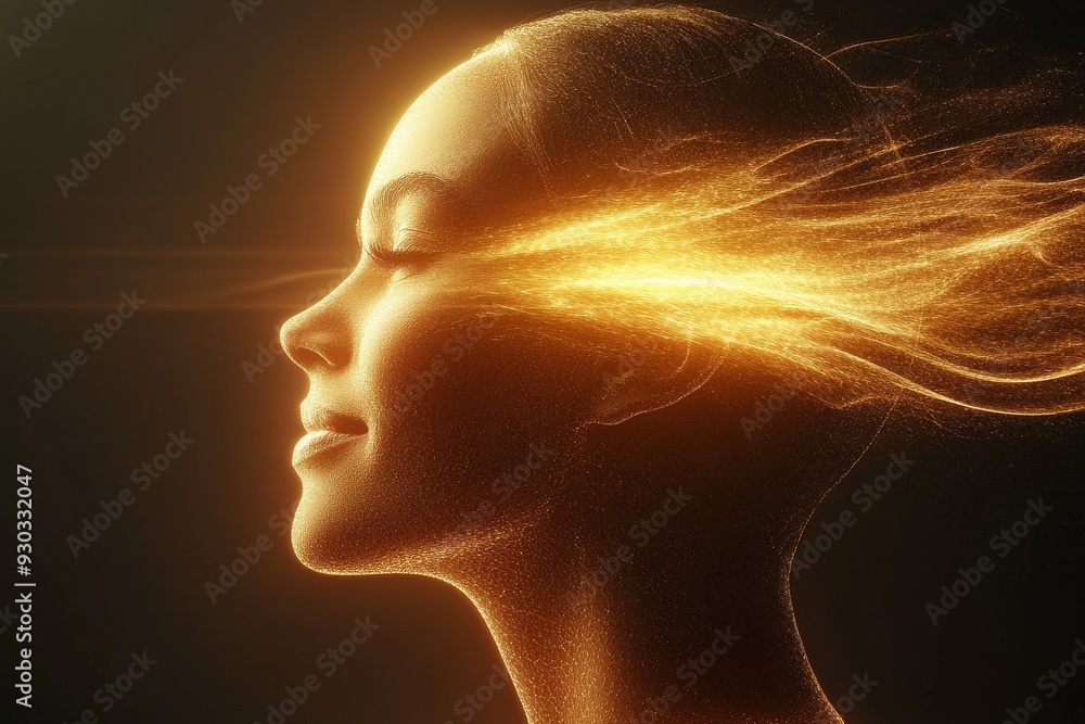 Poster Womans profile against glowing golden light symbolic of enlightenment and mental clarity