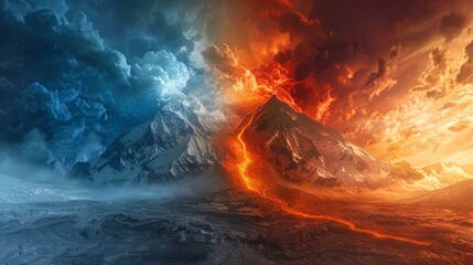 Fototapeta premium Dramatic landscape of dual elements with ice and fire at mountain range during sunset