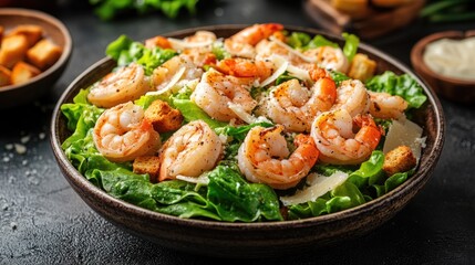 shrimp salad with croutons and Caesar dressing in a bowl