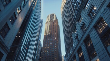 Fototapeta premium Gazing upward at the tall buildings that dominate a cityscape at night