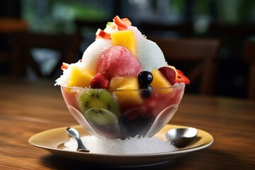Photo sop buah or es buah is mixed fruit with coconut or simple syrup, served with shaved ice