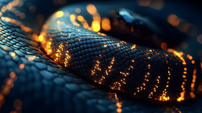 A close-up of a python scales, each one etched with glowing lines of Python code, ambient lighting softly illuminating the snake form, the intricate detail of the digital overlay blending seamlessly