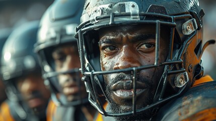 Fototapeta premium Close-up of a football player in a helmet during a game at a bustling stadium in the afternoon