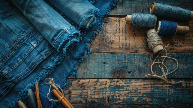 Old jeans upcycling unstitched on wooden table