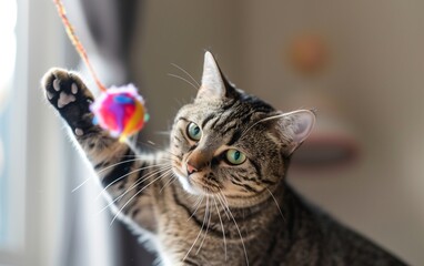 Playful Tabby Cat Engaging with Colorful Toy