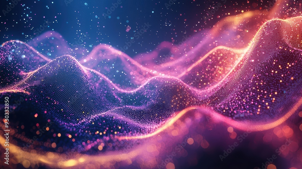Poster a mesmerizing abstract representation of colorful waves, shimmering with particles, evoking sense of