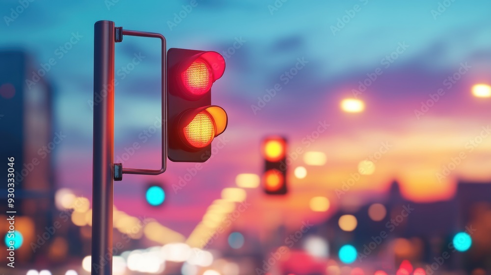 Poster a photo of a busy intersection with multiple traffic lights synchronized to ensure smooth traffic fl