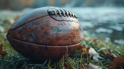 Obraz premium Weathered football resting on grass by a tranquil lakeside during autumn