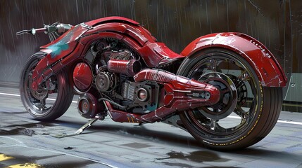 Futuristic red motorcycle parked on a wet urban street.
