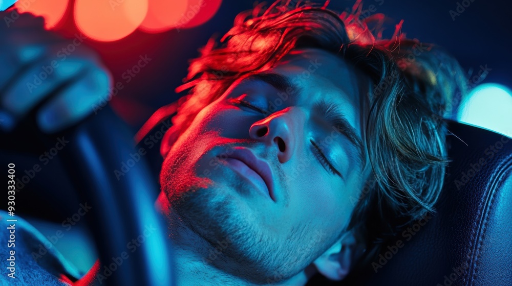 Poster a photo of a driver slumped over the steering wheel, exhausted and defeated after being stuck in a t