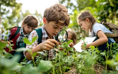 Young Explorer Studying Flora with Magnifying Glass
