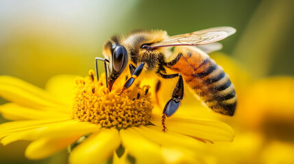 A close-up of a large striped bee collecting honey from a yellow flower on a sunny, bright day. This macro horizontal photograph captures the essence of summer and spring.