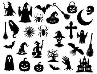  Vector illustration. Giant set of black silhouettes for Halloween.
