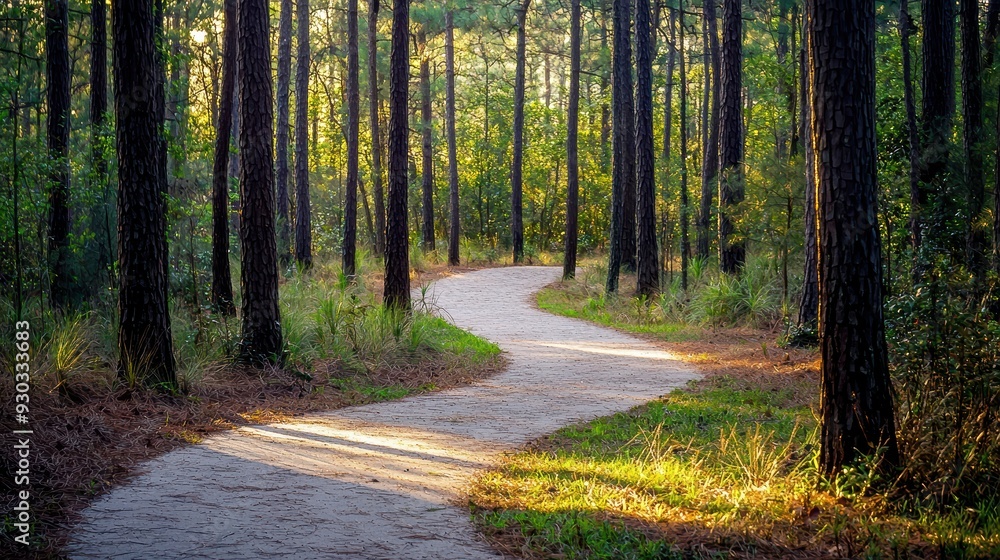 Poster a serene winding path through lush forest, inviting exploration and tranquility. sunlight filters th