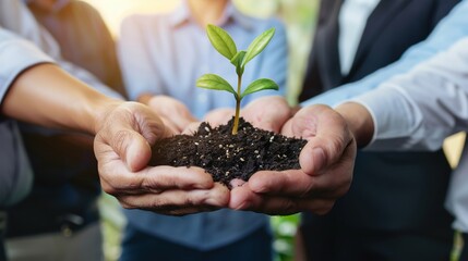 Hands holding soil with a small plant, symbolizing growth and environmental care.