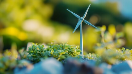 Sustainable Energy: Miniature Wind Turbine Amidst Greenery
