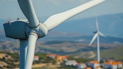 Close-up of Wind Turbine Blades with Rural Landscape in Background
