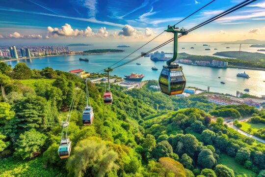 Aerial cable car connecting Mount Faber and Sentosa Island offers breathtaking 360-degree views of Singapore's cityscape, bustling port harbor, and surrounding tropical islands.