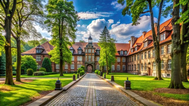 Serene campus of a historic university amidst lush forest surroundings in West Pomerania, with rustic buildings and paved walkways evoking a sense of academia.
