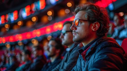 Obraz premium Audience engaged at an esports event in a brightly lit arena during evening hours