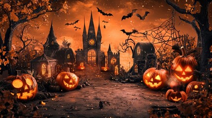 A spooky Halloween scene featuring glowing jack o lanterns, haunted castle, bats, and an eerie orange sky, evoking sense of mystery and excitement. 