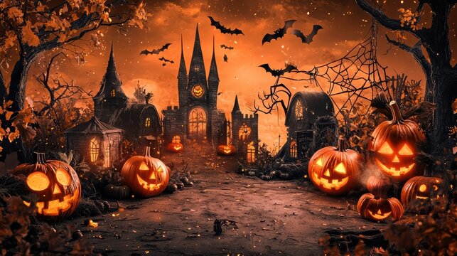 A spooky Halloween scene featuring glowing jack o lanterns, haunted castle, bats, and an eerie orange sky, evoking sense of mystery and excitement. 