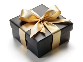 Obraz premium Elegant black gift box adorned with a luxurious champagne gold ribbon bow, set against a pristine white background, perfect for luxury and celebration themes.