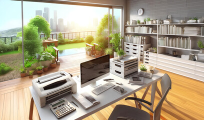 A modern minimalist home office with a stunning view.