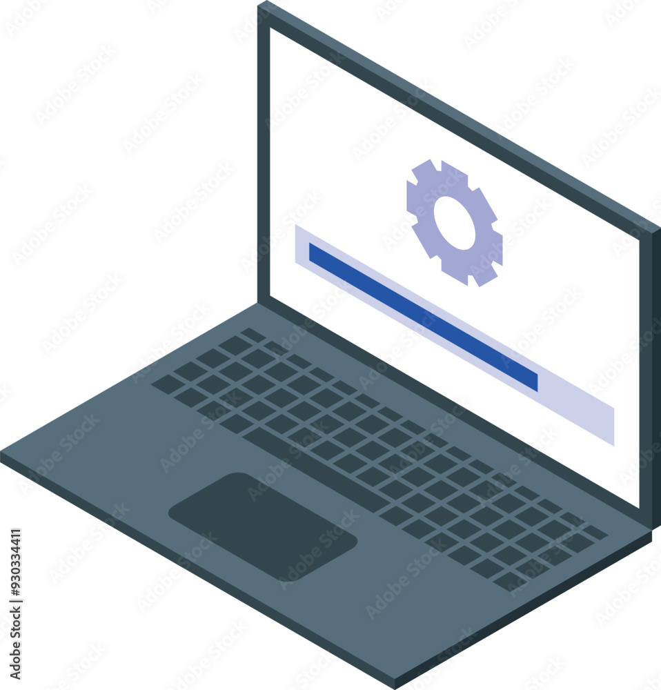 Poster laptop is displaying a software installation progress bar with a gear icon