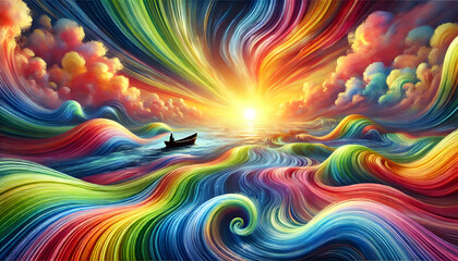 Surreal Ocean of Vibrant Colors with a Boat at Sunrise
