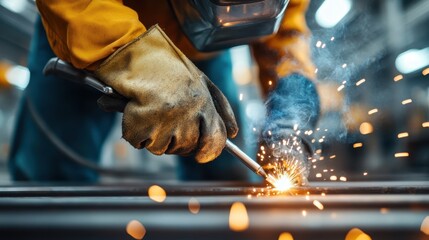 A skilled worker using protective gear is seen welding with precision in an industrial environment, capturing the detailed process and expertise involved in metal fabrication.
