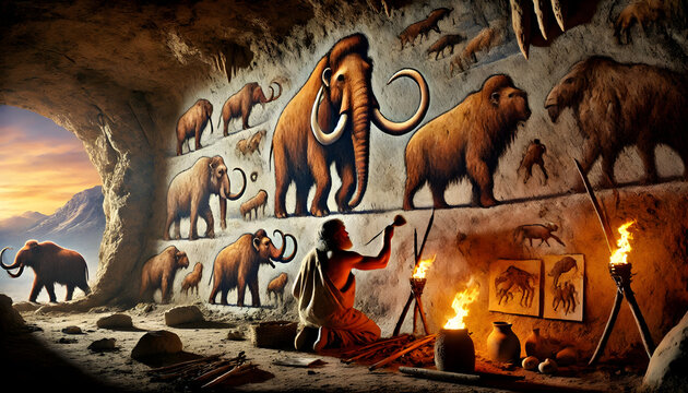 Prehistoric Cave Art of Mammoths Painted by Early Humans in a Torch-Lit Cave