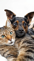 Dog and cat hugging on white background. Vertical advertising banner layout for veterinary clinic or pet store.