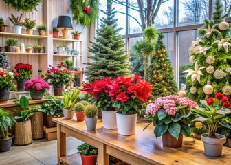 Cozy flower shop displays Christmas poinsettias on counter alongside cacti of various shapes and colors, with pastel-hued orchids and a room-filling cypress tree.