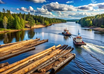 Obraz premium Serene Finnish river scape with tethered raw logs floating downstream, accompanied by a tugboat pulling a massive log boom, symbolizing the timber industry's mighty haul.