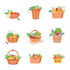 Harvest in Basket with Ripe Agricultural Crop Vector Set