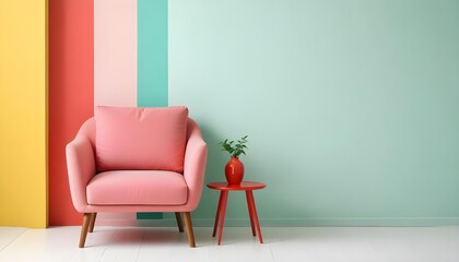 Fototapeta premium A pink sofa and a small red side table in a minimalist room with pastel green walls.