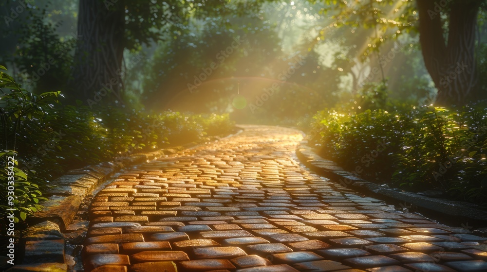 Poster Sunlit cobblestone path winding through a serene forest setting at dawn