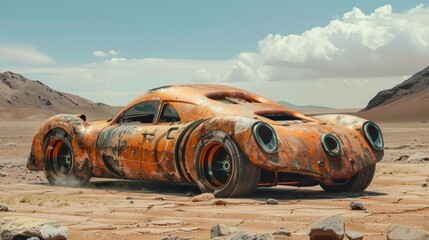 Vintage orange car abandoned in a desert landscape under a clear blue sky