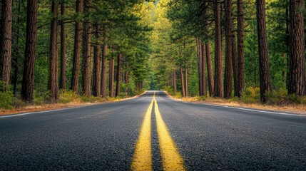 Naklejka premium A serene road stretches through lush forest, inviting exploration and adventure. vibrant greenery and clear sky evoke sense of peace and freedom. 