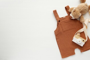 Childhood, raising children, toys and activities concept, flat lay composition on white background,...