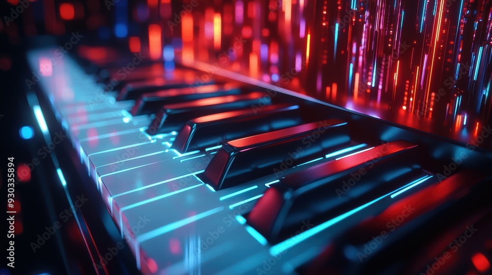 Aufkleber a close up view of piano keyboard illuminated by vibrant neon lights, creating dynamic and energetic