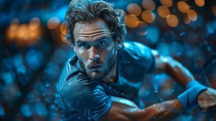 Obraz premium Male tennis player serves during a match in a brightly lit indoor arena at night