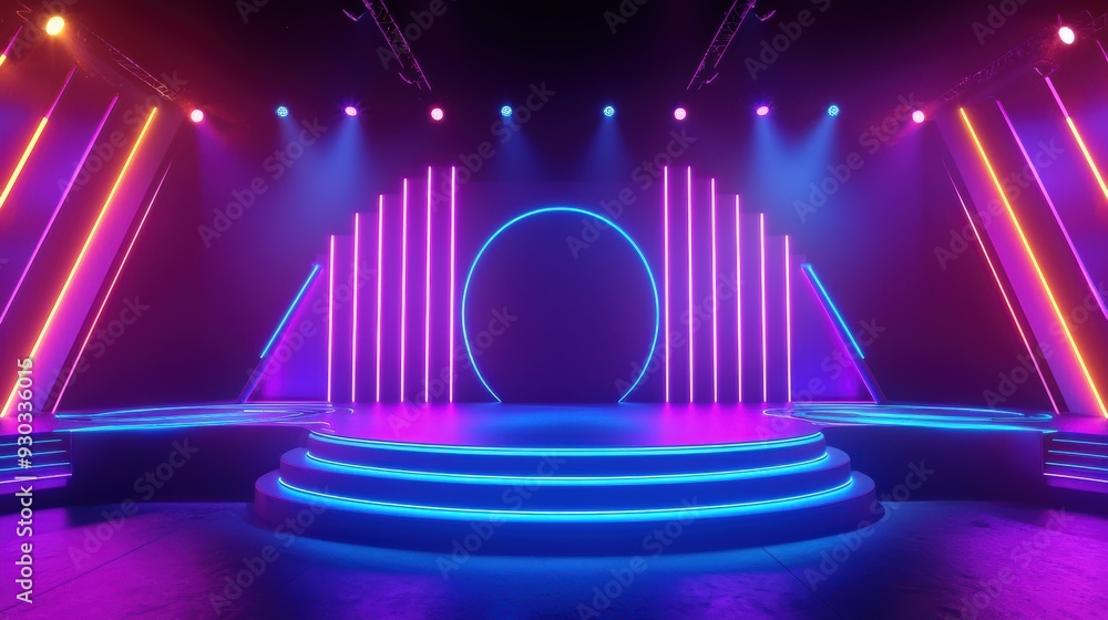 Poster a vibrant stage with colorful neon lights and circular backdrop, creating an energetic atmosphere.