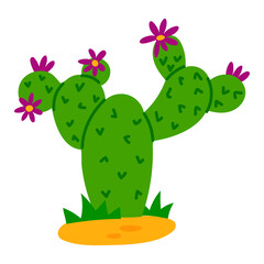 Cactus blooms and grows on the sand in the desert. Flat vector illustration on a white background. Mexican, desert-themed party. A cheerful green prickly cactus with open purple flowers