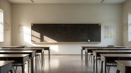 Empty school classroom with desks and blackboard blurred background.