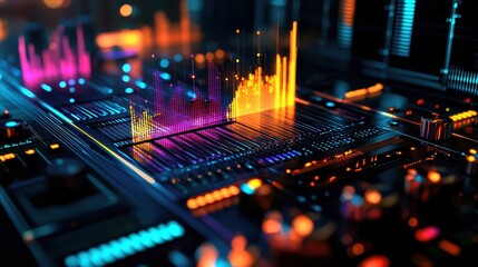 A vibrant digital soundwave visualization on circuit board, showcasing energy and creativity. colors evoke sense of excitement and innovation. 